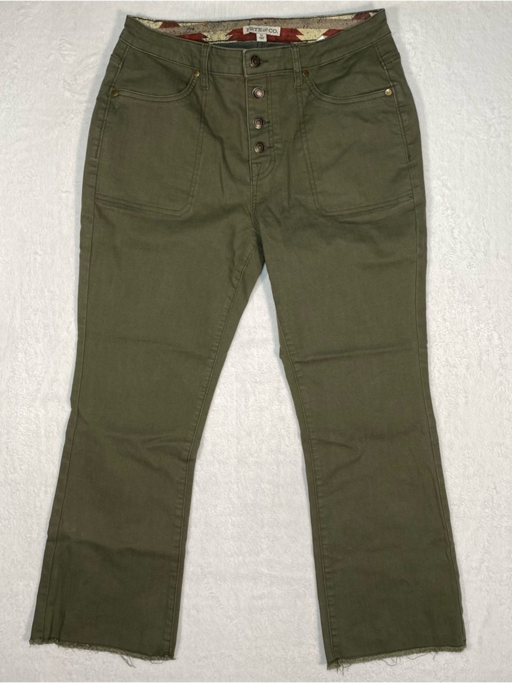 FRYE AND CO. Harper Mid Rise Crop Flare Jeans 12 Olive Green Button Fly Raw Hem